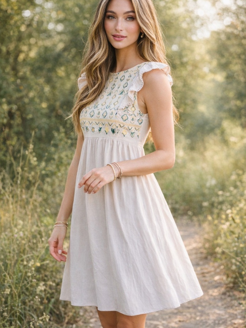 Embroidered Ivory Ruffle-Sleeve Sundress